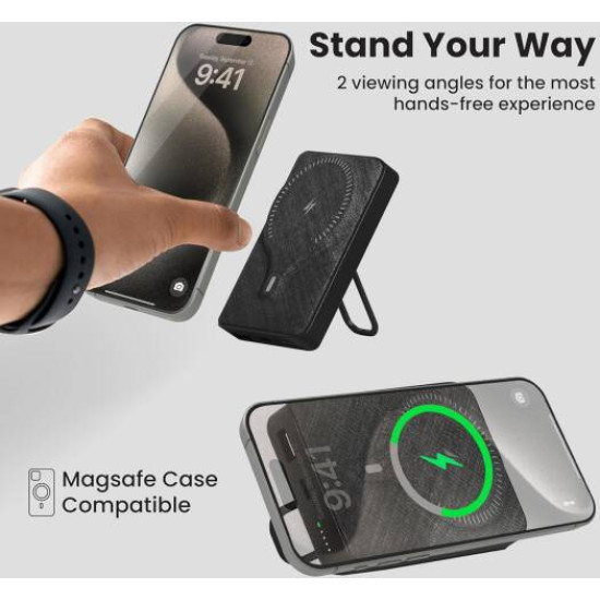 BRAVE 20W 10000mAh Magnetic Mini Pocket Portable Wireless Power Bank with Kickstand and Grip for iPhones