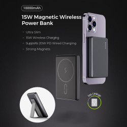 BRAVE Ultra Slim 10000mAh Magnetic Wireless Power Bank 15W With Stand, 20W Type-C Fast Charging Port