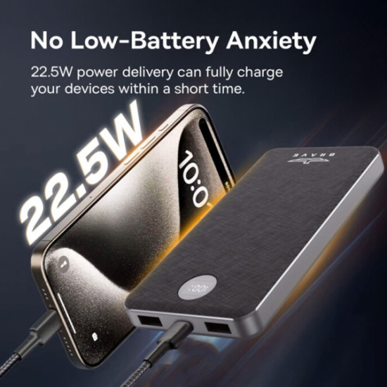 BRAVE 10000mAh Slim Power Bank – 22.5W Fast Charging | Portable USB-C & USB-A Power Bank
