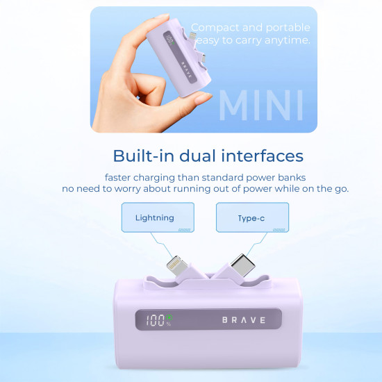 Brave 4-in-1 5000mAh Power Bank with 20W USB-C Fast Charging | Built-in Lightning & Type-C Cables | LED Display | Portable Charger
